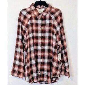 Lucky Brand Womens XL Plaid Shirt Frayed Hem Button Front Flannel Boho Cotton